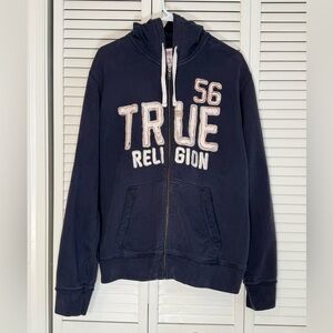 True Religion Men’s Hoodie Zip Front Navy Blue Distressed Embroidered Fleece XXL